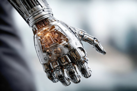 Robotic hand features detailed mechanics and glowing components, set against a sleek, modern background, emphasizing advanced technology.の素材