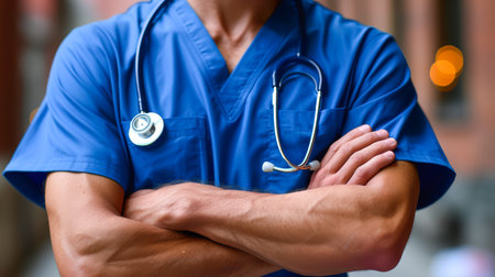 Confident male healthcare worker in blue scrubs stands outdoors, arms crossed, with stethoscope around neck, showing professionalism and strength.の素材