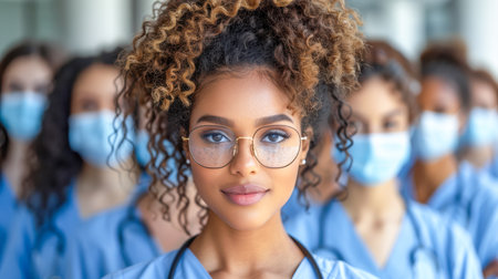 Group of healthcare workers in scrubs and masks, standing together, emphasizing collaboration and commitment to patient care.の素材