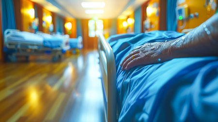 Hand of a patient resting on blue hospital bed sheets, surrounded by a well-lit healthcare setting, conveying comfort and care.の素材