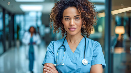 African American nurse in blue scrubs stands confidently with arms crossed in a bright healthcare setting, showing professionalism and care.の素材