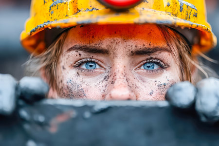 Woman miner with yellow helmet, dirt on face, looking intensely at camera, highlighting resilience and hard work in mining environment.の素材