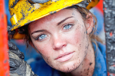 Woman miner with blue eyes, wearing yellow hard hat, surrounded by dirt and machinery, reflecting strength and resilience in her work.の素材