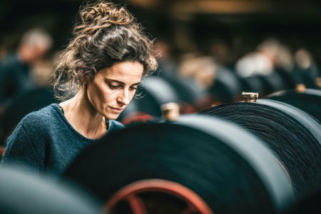 Artisan woman is focused on her work with spools of thread in a textile workshop, highlighting dedication and skill.の素材