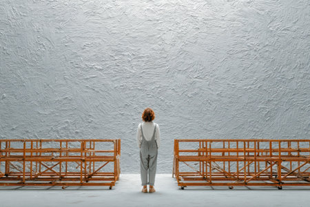 Female figure in gray attire stands in spacious area, surrounded by wooden frames and textured wall, evoking a sense of inspiration and calm.の素材