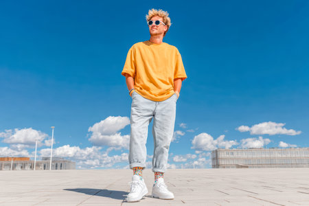 Confident young man wearing yellow shirt and sunglasses stands against a vibrant blue sky with fluffy clouds.の素材