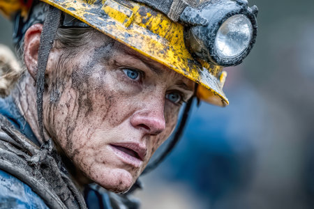 Woman miner with a helmet and headlamp, displaying resilience and focus amidst a challenging worksite, surrounded by dirt and equipment.の素材