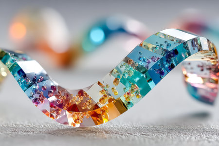 Vibrant crystal ribbon displays a spectrum of colors and sparkling facets, resting on a soft textured surface, showing elegance and beauty.の素材