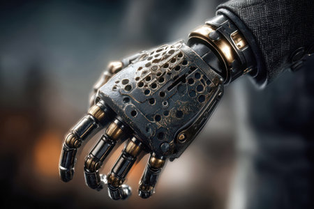 Detailed robotic hand features metallic textures and intricate designs, symbolizing innovation and engineering in a modern environment.の素材