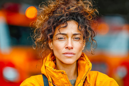 Determined female wearing orange jacket poses confidently with emergency vehicles blurred behind, showing resilience and strength.の素材