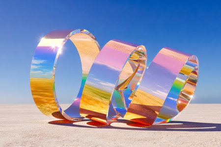 Three metallic rings display colorful reflections in a surreal landscape under a bright blue sky, creating a striking visual effect.の素材