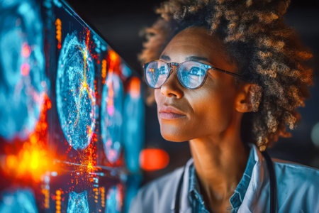 Female scientist with glasses is focused on analyzing vibrant digital data displayed on screens in a modern laboratory setting.の素材