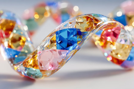 Twisted glass sculpture features vibrant geometric shapes, showcasing a blend of colors and sparkling reflections, creating an artistic display.の素材