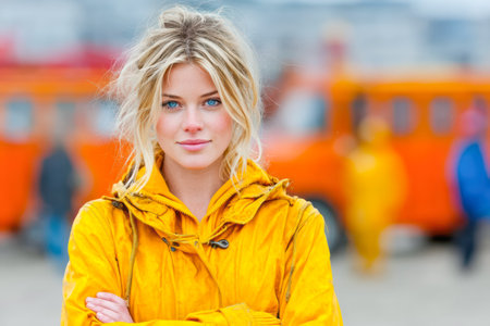 Confident young woman wearing yellow jacket poses with arms crossed, vibrant orange vehicles create lively backdrop, showcasing a cheerful atmosphere.の素材