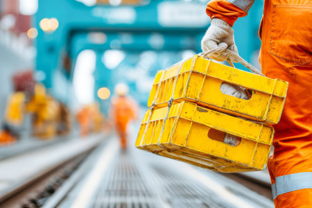 Individual in bright orange workwear is transporting yellow crates along a bustling industrial area, showing teamwork and productivity.の素材
