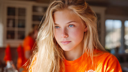 Female with long blonde hair, wearing an orange shirt, is thoughtfully gazing in a bright indoor environment, capturing a moment of reflection.の素材