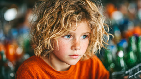 Boy with curly hair in an orange sweater, looking thoughtfully amidst a vibrant background of bottles and colors.の素材