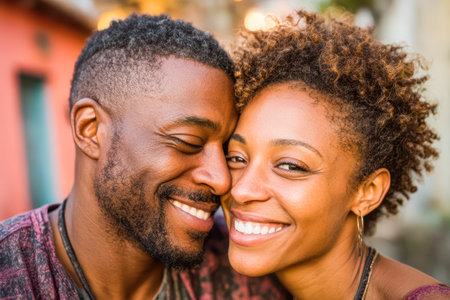 Joyful couple sharing a close moment outdoors, surrounded by warm light and colorful background, radiating love and happiness.の素材
