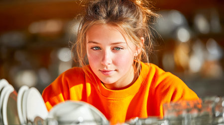 Young girl in orange sweater is concentrating on washing dishes in a bright kitchen, surrounded by clean plates and glasses.の素材