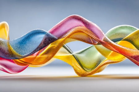 Abstract waves of translucent material in vibrant colors create a dynamic and fluid visual experience with soft textures.の素材