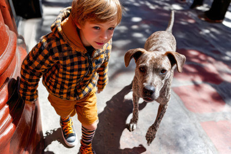 Child with dog strolls along vibrant street, enjoying sunny day, highlighting friendship and playful energy.の素材