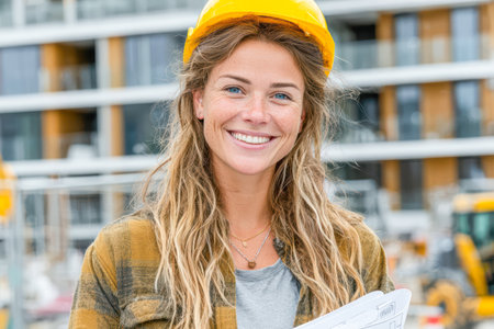 Happy female construction worker in yellow hard hat, holding blueprints on site, surrounded by machinery and building materials, showcasing teamwork.の素材