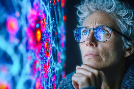 Woman with glasses is thoughtfully observing colorful abstract digital art, showcasing creativity and inspiration in a modern environment.の素材