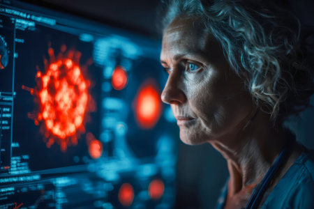 Elderly female scientist is focused on a digital virus model displayed on a screen in a modern laboratory, showing advanced research.の素材
