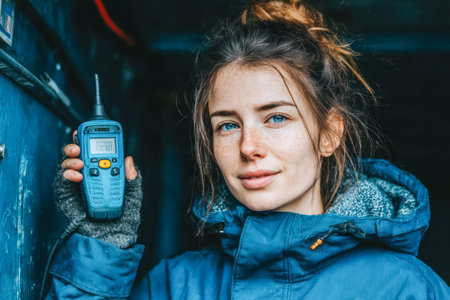 Female with blue eyes smiles while holding a digital device in a cozy indoor space, showcasing warmth and technology.の素材