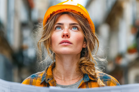 Construction worker is holding blueprints, gazing upwards with determination, showing her focus and professionalism in an urban setting.の素材