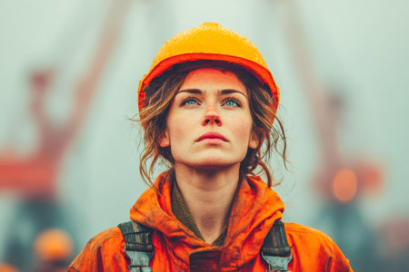 Woman in orange work attire and hard hat gazes upward, embodying determination and resilience in a construction setting.の素材