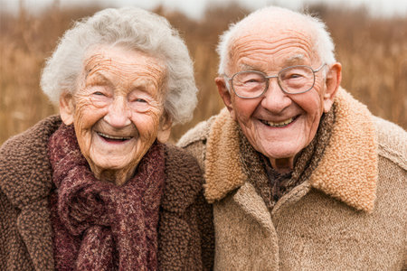 Happy elderly couple, wearing warm sweaters, smiling joyfully in a natural outdoor setting, showing casing love and companionship.の素材