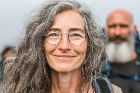 Smiling mature woman with glasses exuding warmth and confidence, surrounded by blurred figures in outdoor environment, highlighting joyful spirit.の素材