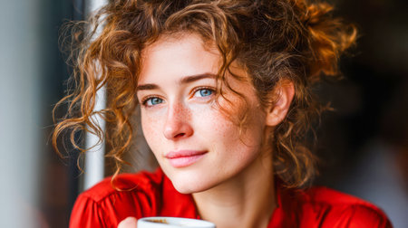 Female with curly hair is sipping a warm drink in a bright, inviting indoor space, showcasing a relaxed and cheerful atmosphere.の素材