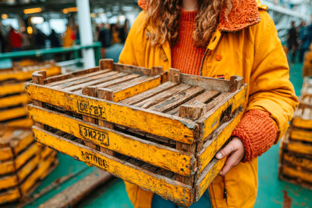 Female wearing bright yellow jacket holds wooden crates on a bustling fishing boat deck, showcasing maritime activity and vibrant atmosphere.の素材