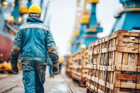 Industrial worker in protective clothing walks through dock area, surrounded by wooden crates and heavy machinery, showcasing a busy environment.の素材