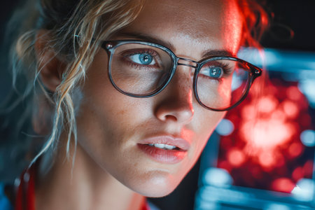 Scientist with glasses is focused on data analysis in a laboratory, surrounded by advanced equipment and colorful lighting.の素材