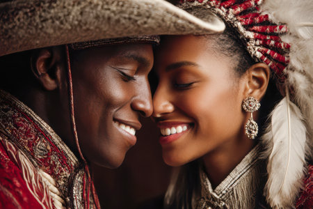 Joyful African American couple in traditional attire, showcasing vibrant colors and intricate designs, celebrating love and culture.の素材