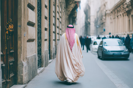 Individual dressed in traditional clothing is walking through a bustling city street, surrounded by cars and historic buildings.の素材