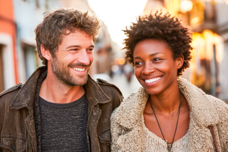 Happy couple walking together in a lively city street, illuminated by warm sunset light, showcasing joy and connection.の素材