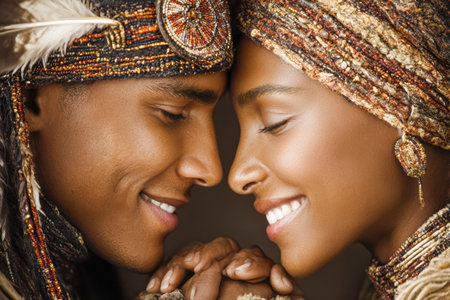 Smiling African American couple, embracing closely, adorned in traditional attire and accessories, showcasing love and connection.の素材
