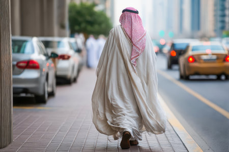 Individual dressed in traditional clothing, strolling on a busy sidewalk surrounded by cars and tall buildings, showing urban lifestyle.の素材