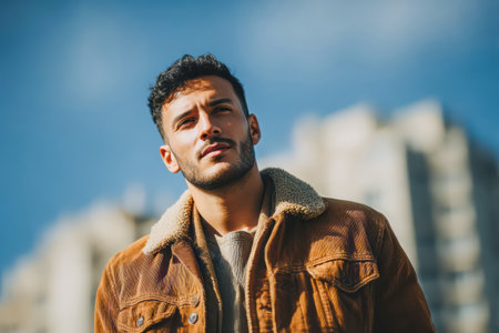 Male figure in brown jacket looks thoughtfully into the distance, surrounded by urban architecture and clear blue sky.の素材