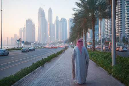 Male Arab figure strolls down a bustling urban sidewalk, surrounded by tall buildings and palm trees, capturing a vibrant city atmosphere.の素材