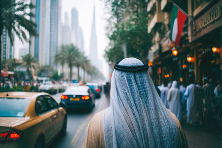 Individual in traditional clothing walks along a bustling street, surrounded by cars and tall buildings, showcasing urban life.の素材