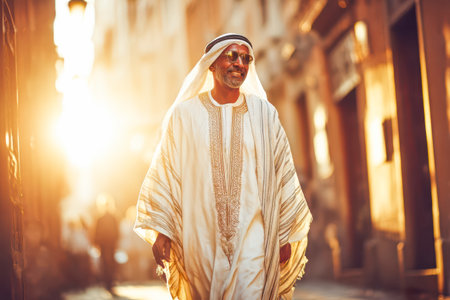 Man in traditional attire walks through a vibrant street at sunset, showcasing cultural heritage and lively atmosphere.の素材