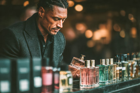 Male fragrance enthusiast is closely examining a perfume bottle in a vibrant display of various scents and colors.の素材
