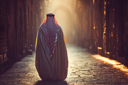 Male figure in traditional attire walks through a narrow alleyway, bathed in warm sunlight, creating a serene atmosphere.の素材