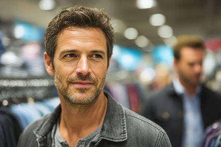 Confident man is shopping in a clothing store, surrounded by vibrant apparel displays, showcasing a relaxed and stylish atmosphere.の素材