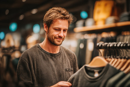 Man is shopping for clothing in a retail store, thoughtfully examining a garment on a hanger, surrounded by various apparel options.の素材